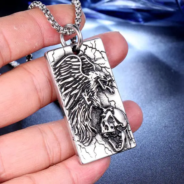 Alt view image 7 of 7 - Stainless Steel Men's Necklace Eagle Skull Head Pendant Hip Hop Punk Jewelry