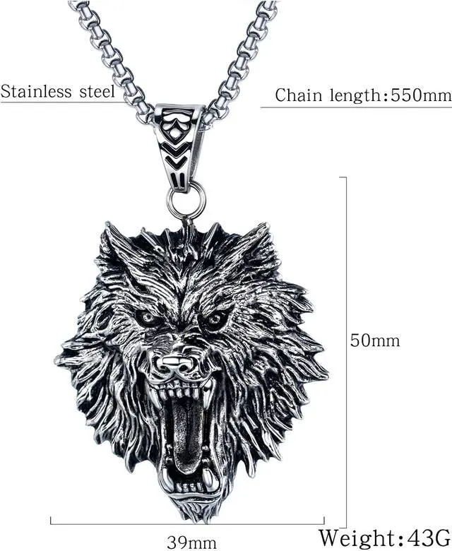 Alt view image 2 of 7 - Wolf Head Necklace Stainless Steel Punk Rock Hip Hop Men Pendant Jewelry