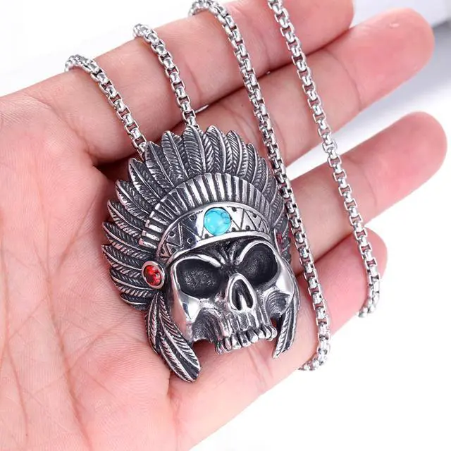 Alt view image 3 of 7 - Men Stainless Steel Skull Head Feather Native American Indian Tribal Chief Pendant Necklace