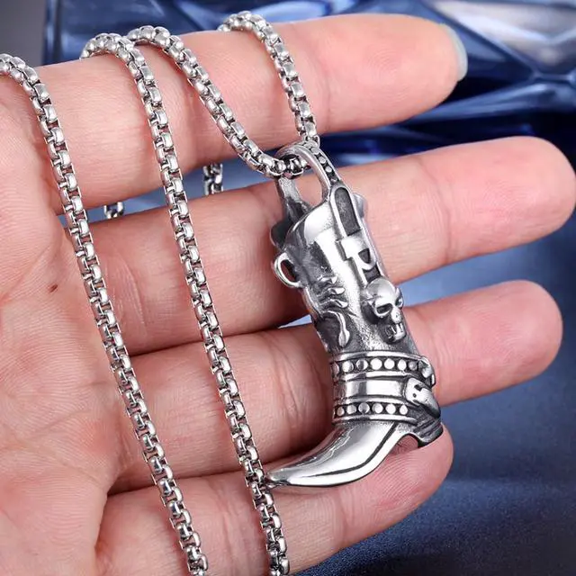 Alt view image 3 of 7 - Men Stainless Steel Cowboy Boots Necklace Gothic Skull Scorpion Pendant Pirate Shoes Jewelry