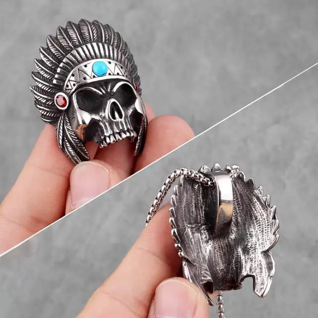 Alt view image 7 of 7 - Men Stainless Steel Skull Head Feather Native American Indian Tribal Chief Pendant Necklace