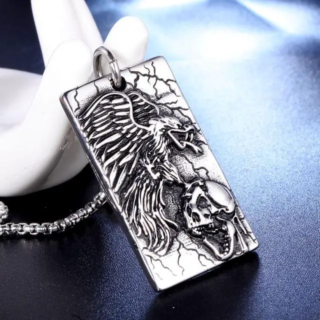 Alt view image 3 of 7 - Stainless Steel Men's Necklace Eagle Skull Head Pendant Hip Hop Punk Jewelry
