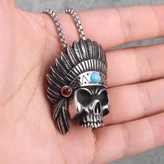 Alt view image 4 of 7 - Men Stainless Steel Skull Head Feather Native American Indian Tribal Chief Pendant Necklace