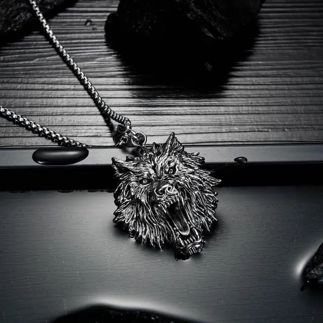 Alt view image 6 of 7 - Wolf Head Necklace Stainless Steel Punk Rock Hip Hop Men Pendant Jewelry