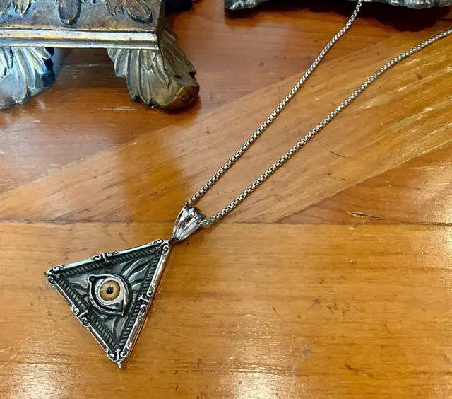 Alt view image 5 of 5 - Men Stainless Steel Vintage Evil Eye Triangle Pendant Necklace