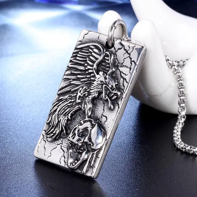 Alt view image 6 of 7 - Stainless Steel Men's Necklace Eagle Skull Head Pendant Hip Hop Punk Jewelry
