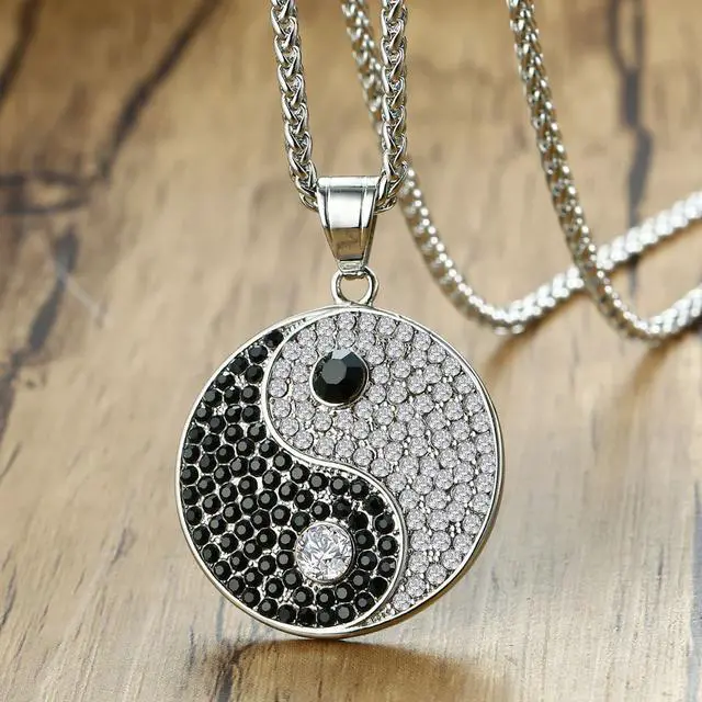 Alt view image 3 of 7 - Stainless Steel Religious Yin Yang Tai Ji Gossip Pendant Necklace Inlaid Rhinestone Jewelry
