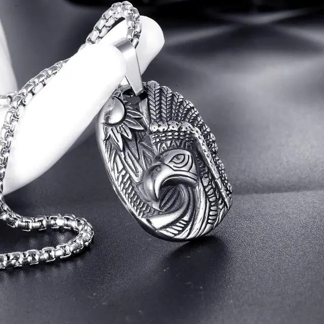 Alt view image 4 of 7 - Stainless Steel Hip Hop Punk America Native Indian Necklace Personalized Men Tribe Dog Tag Sun Eagle Pendant