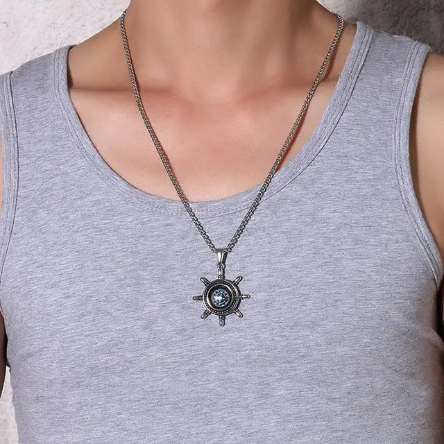 Alt view image 3 of 7 - Vintage Men Stainless Steel Rudder Shaped Compass Pendant Necklace