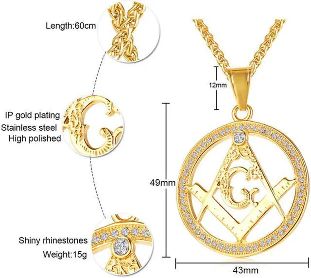 Alt view image 2 of 7 - Stainless Steel Inlay Rhinestone Round Freemason Masonic Pendant Necklace Gold