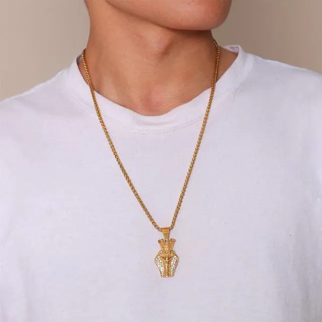 Alt view image 7 of 7 - Men Pendant Stainless Steel Rhinestone Crown King Cobra Necklace Gold