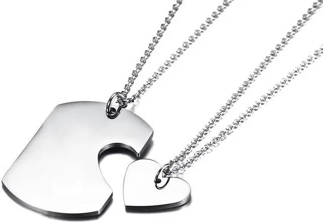 Alt view image 5 of 7 - Men Women Stainless Steel Dog Tag Love Heart Puzzle Pendant Couples Necklaces