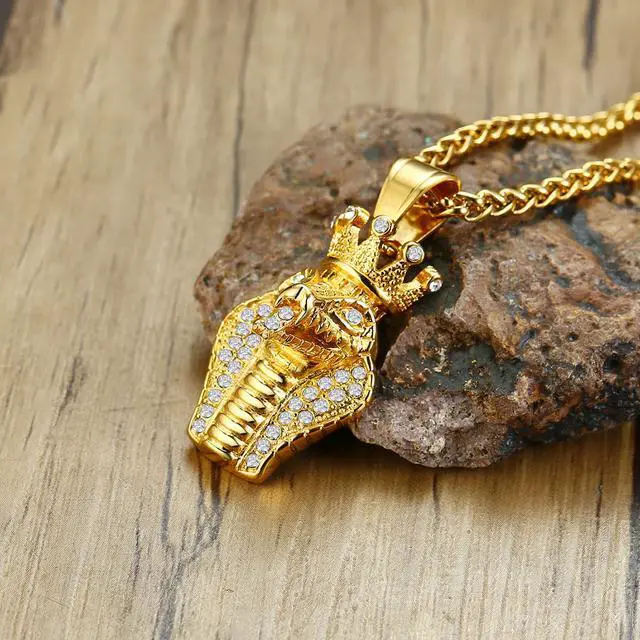 Alt view image 5 of 7 - Men Pendant Stainless Steel Rhinestone Crown King Cobra Necklace Gold
