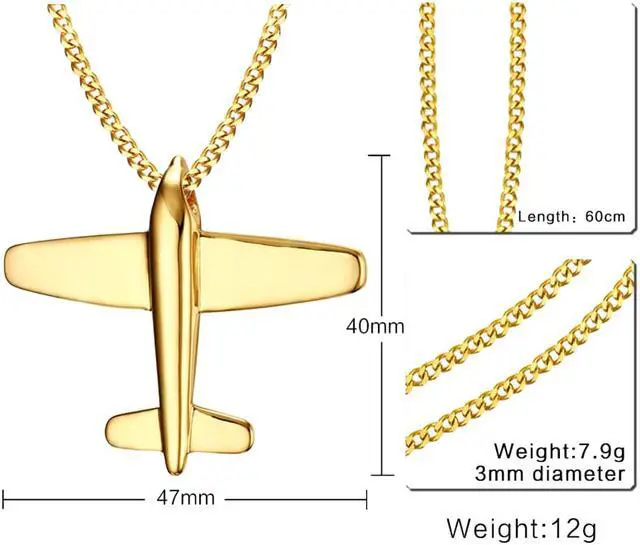 Alt view image 3 of 3 - Men Women Stainless Steel Airplane Plane Necklace Gold