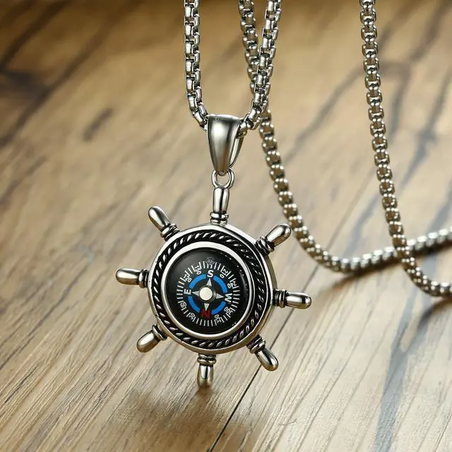 Alt view image 4 of 7 - Vintage Men Stainless Steel Rudder Shaped Compass Pendant Necklace