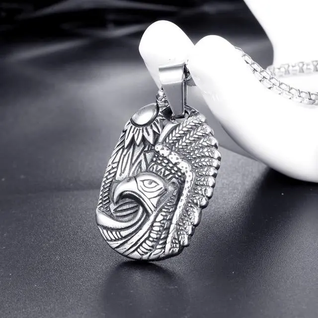 Alt view image 6 of 7 - Stainless Steel Hip Hop Punk America Native Indian Necklace Personalized Men Tribe Dog Tag Sun Eagle Pendant
