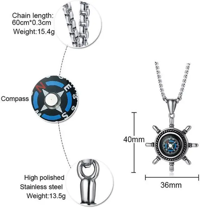 Alt view image 2 of 7 - Vintage Men Stainless Steel Rudder Shaped Compass Pendant Necklace
