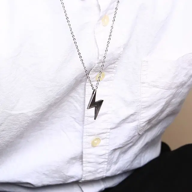 Alt view image 3 of 7 - Gray Geometric Pendant Men Women Stainless Steel Zig Zag Lightning Symbol Necklace