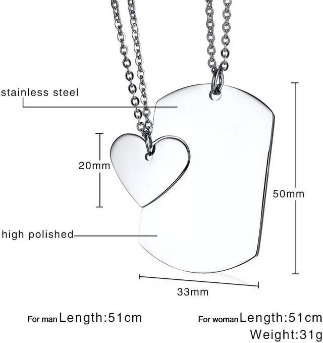 Alt view image 2 of 7 - Men Women Stainless Steel Dog Tag Love Heart Puzzle Pendant Couples Necklaces