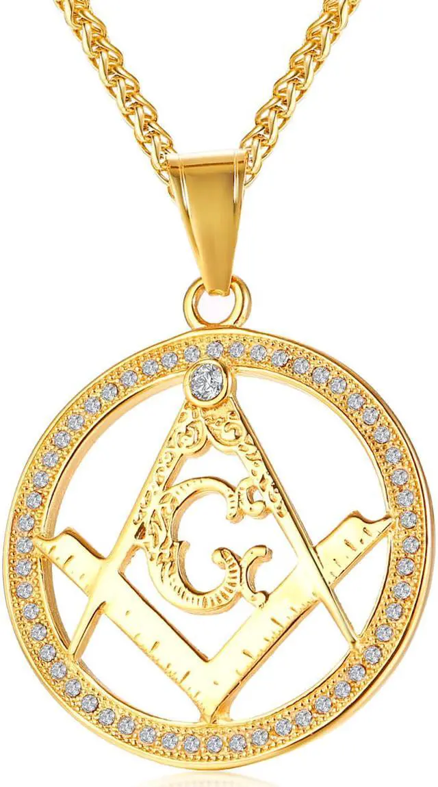 Alt view image 3 of 7 - Stainless Steel Inlay Rhinestone Round Freemason Masonic Pendant Necklace Gold