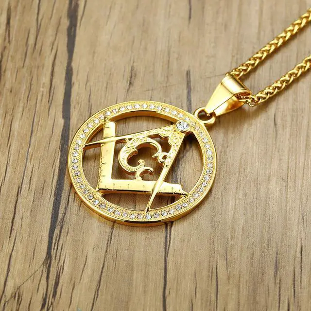 Alt view image 7 of 7 - Stainless Steel Inlay Rhinestone Round Freemason Masonic Pendant Necklace Gold