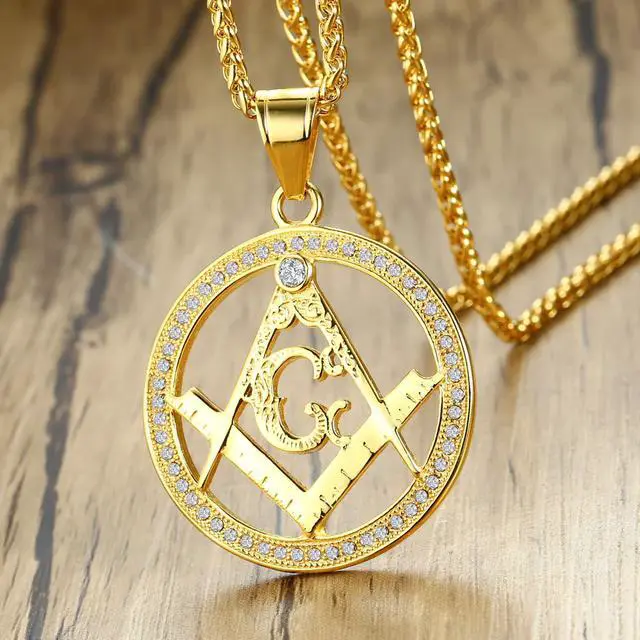 Alt view image 4 of 7 - Stainless Steel Inlay Rhinestone Round Freemason Masonic Pendant Necklace Gold