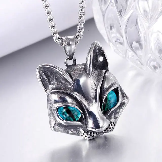 Alt view image 6 of 6 - Wisdom Fox Head Pendant with Blue Eye Animal Jewelry Unisex Themed Gift Necklace