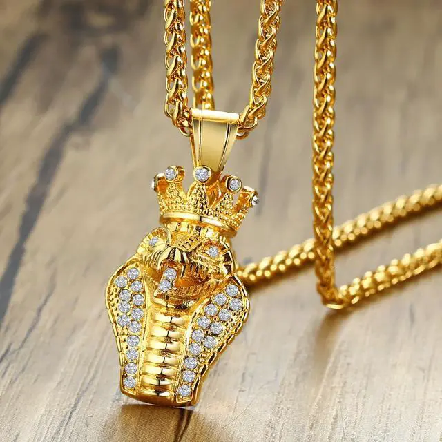 Alt view image 3 of 7 - Men Pendant Stainless Steel Rhinestone Crown King Cobra Necklace Gold