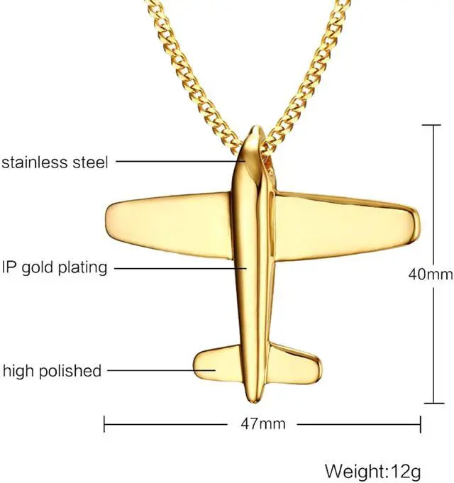 Alt view image 2 of 3 - Men Women Stainless Steel Airplane Plane Necklace Gold