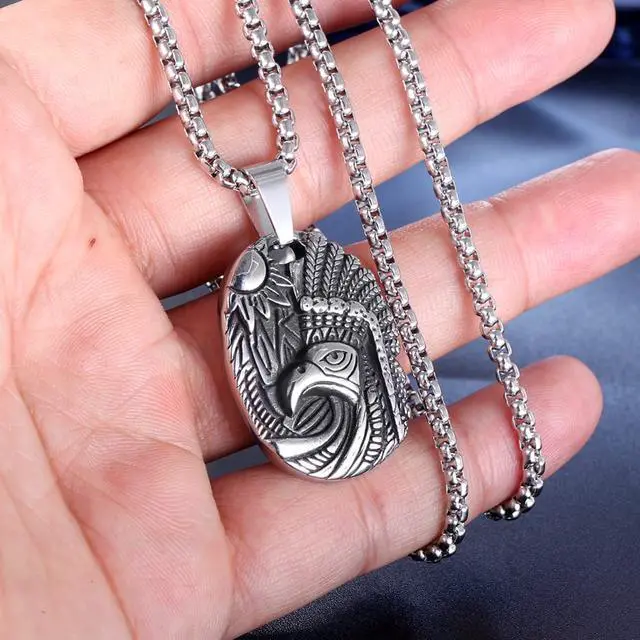 Alt view image 3 of 7 - Stainless Steel Hip Hop Punk America Native Indian Necklace Personalized Men Tribe Dog Tag Sun Eagle Pendant