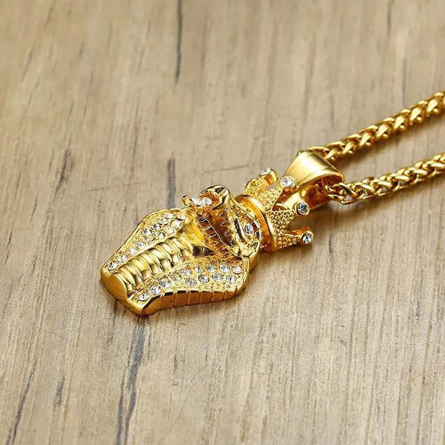 Alt view image 4 of 7 - Men Pendant Stainless Steel Rhinestone Crown King Cobra Necklace Gold