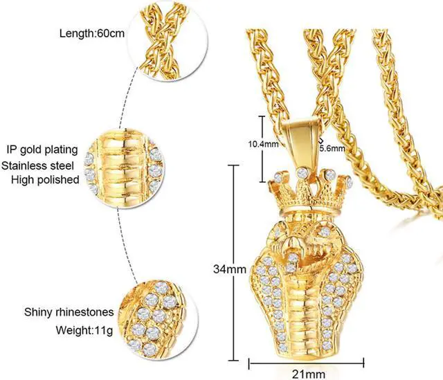 Alt view image 2 of 7 - Men Pendant Stainless Steel Rhinestone Crown King Cobra Necklace Gold