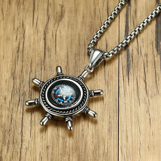 Alt view image 7 of 7 - Vintage Men Stainless Steel Rudder Shaped Compass Pendant Necklace