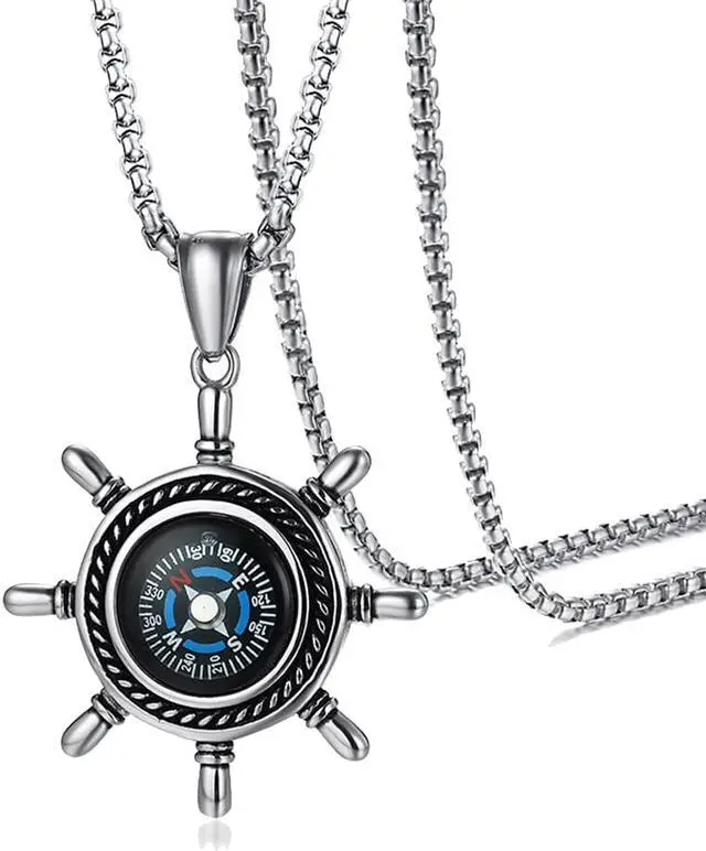 Main image of Vintage Men Stainless Steel Rudder Shaped Compass Pendant Necklace