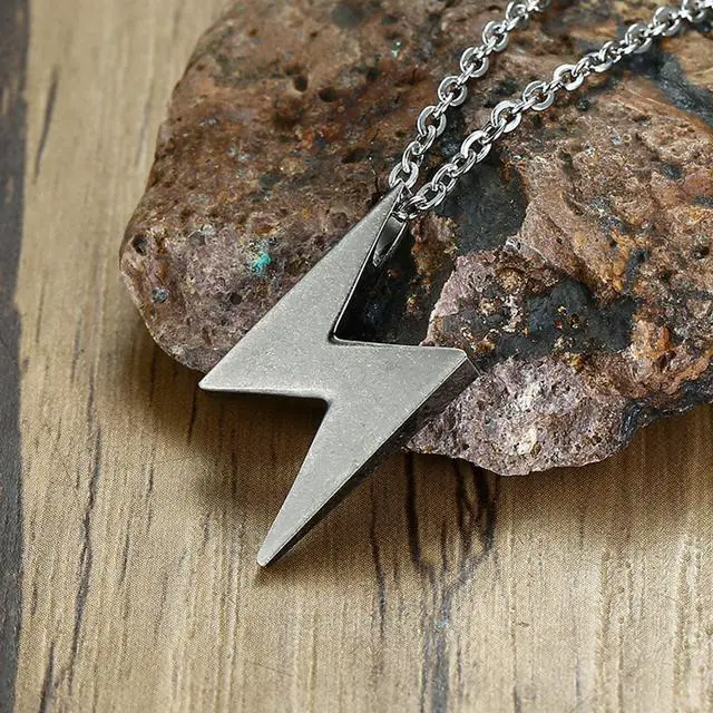 Alt view image 5 of 7 - Gray Geometric Pendant Men Women Stainless Steel Zig Zag Lightning Symbol Necklace