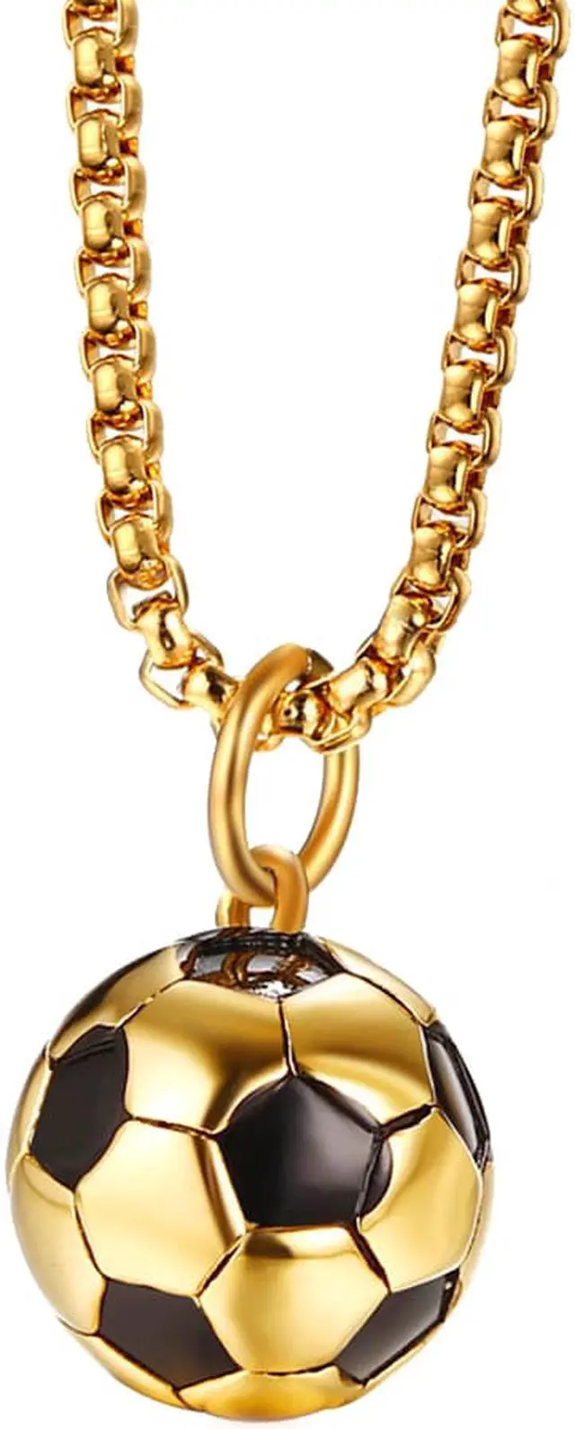 Alt view image 7 of 7 - Men Women Stainless Steel Round Football Soccer Necklace Gold Black