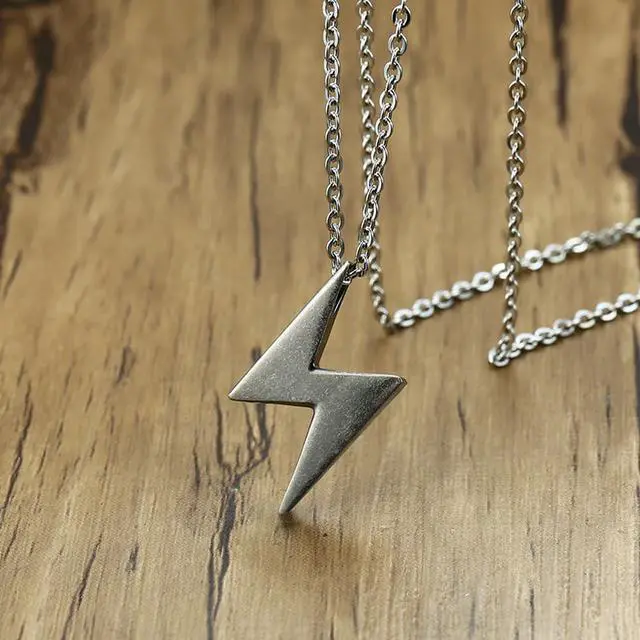Alt view image 4 of 7 - Gray Geometric Pendant Men Women Stainless Steel Zig Zag Lightning Symbol Necklace