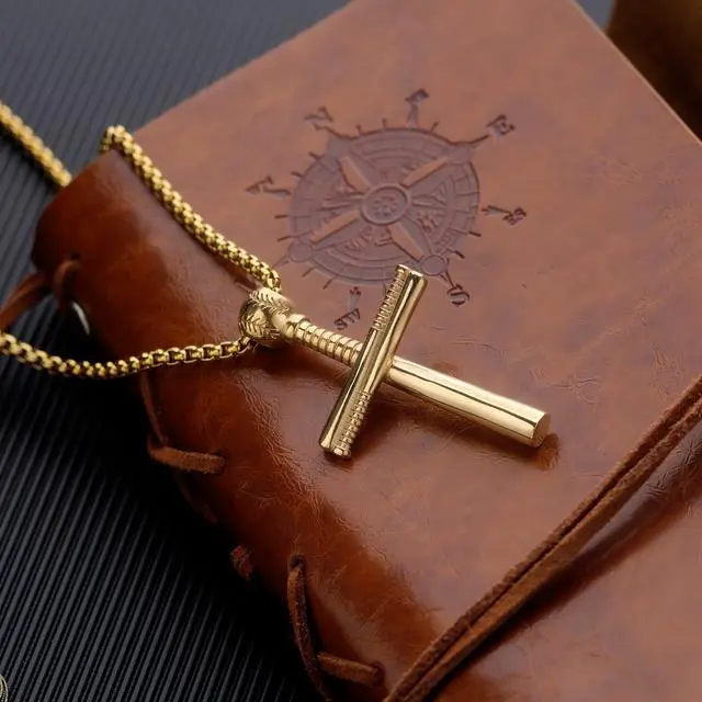 Alt view image 4 of 6 - Men Gold Plated Stainless Steel Baseball Bat Cross Necklace Big Large Crucifix Jewelry