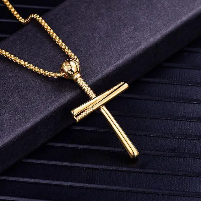 Alt view image 5 of 6 - Men Gold Plated Stainless Steel Baseball Bat Cross Necklace Big Large Crucifix Jewelry