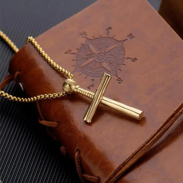 Alt view image 6 of 6 - Men Gold Plated Stainless Steel Baseball Bat Cross Necklace Big Large Crucifix Jewelry