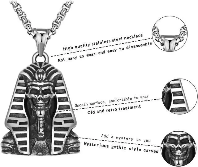 Alt view image 3 of 5 - Men Stainless Steel Egyptian Pharaoh Sphinx Necklace Skull Jewelry
