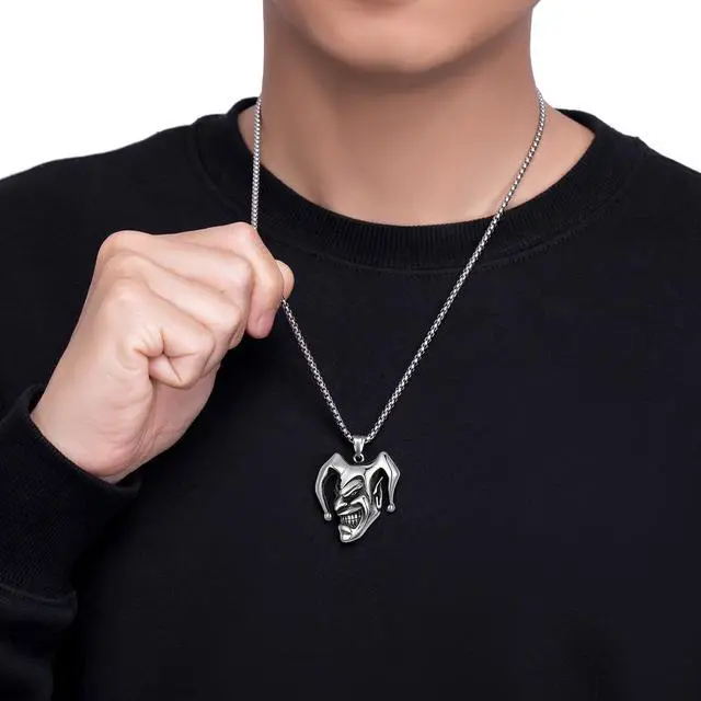 Alt view image 7 of 7 - Men Stainless Steel Gothic Joker Skull Necklace