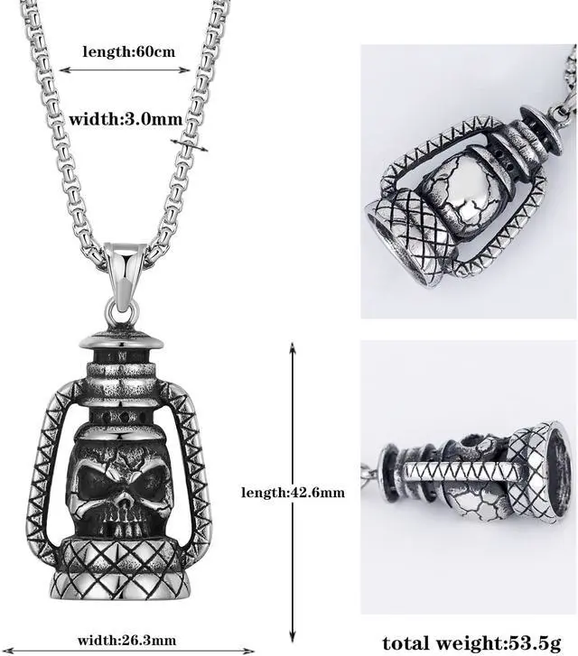 Alt view image 2 of 7 - Men Stainless Steel Skull Necklace Camping Lamp Shape Pendant Halloween Jewelry
