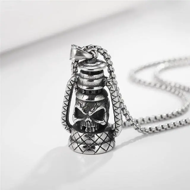 Alt view image 6 of 7 - Men Stainless Steel Skull Necklace Camping Lamp Shape Pendant Halloween Jewelry