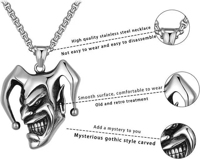 Alt view image 3 of 7 - Men Stainless Steel Gothic Joker Skull Necklace