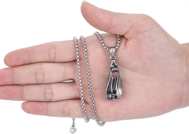 Alt view image 4 of 6 - Men Stainless Steel Hand Catching Skull Necklace Gothic Punk Biker Jewelry