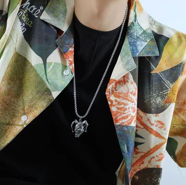 Alt view image 6 of 7 - Men Stainless Steel Gothic Joker Skull Necklace