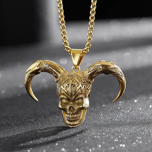 Alt view image 2 of 5 - Men Gold Plated Stainless Steel Joker Skull Necklace Gothic Demon Jewelry
