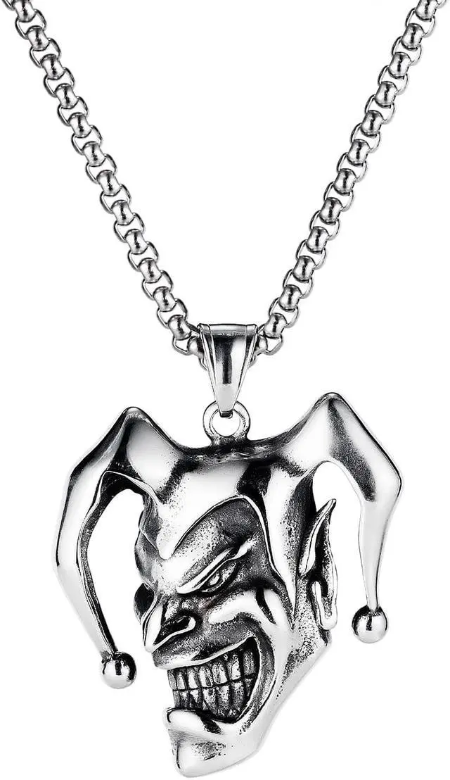 Alt view image 4 of 7 - Men Stainless Steel Gothic Joker Skull Necklace