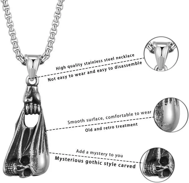 Alt view image 3 of 6 - Men Stainless Steel Hand Catching Skull Necklace Gothic Punk Biker Jewelry